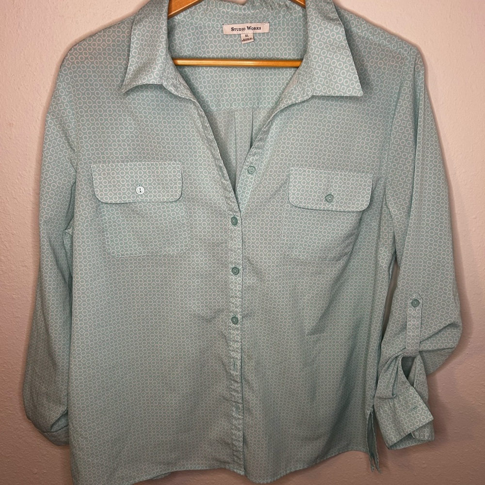 Studio Works Patterned Light Teal Button Up Shirt